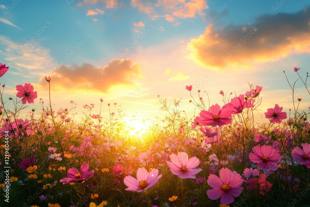 Obraz premium Colorful wildflowers bloom in a vibrant field during sunset near a peaceful horizon