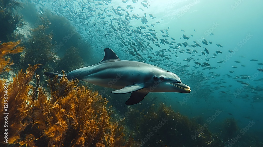 A vaquita dolphin swimming in shallow waters surrounded by schools of fish in the Gulf of California A vaquita dolphin swimming in shallow waters surrounded by schools of fish in the Gulf of California