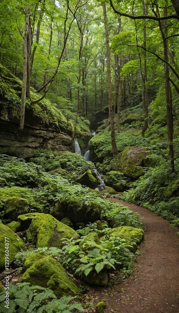 The image features a small waterfall nestled within a lush forest The image features a small waterfall nestled within a lush forest