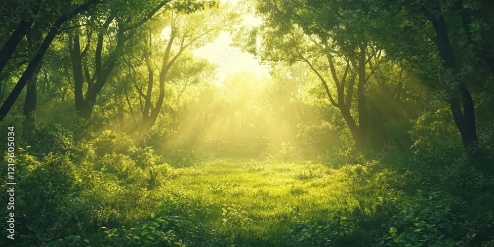 Obraz premium Sunlit Green Forest Path Morning Mist