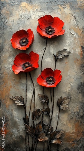 Beautiful red poppies with textured grey background showcasing floral artistry