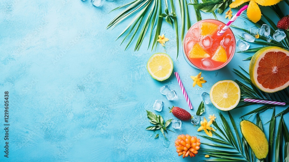 tropical birthday flat lay with palm leaves, a fruity drink, and vibrant party decorations on a turquoise background with empty space for text