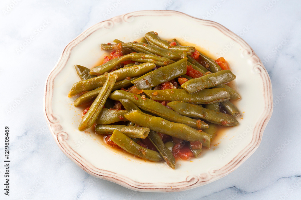 Traditional delicious Turkish food; Green beans with olive oil; Turkish name; Zeytinyagli taze fasulye