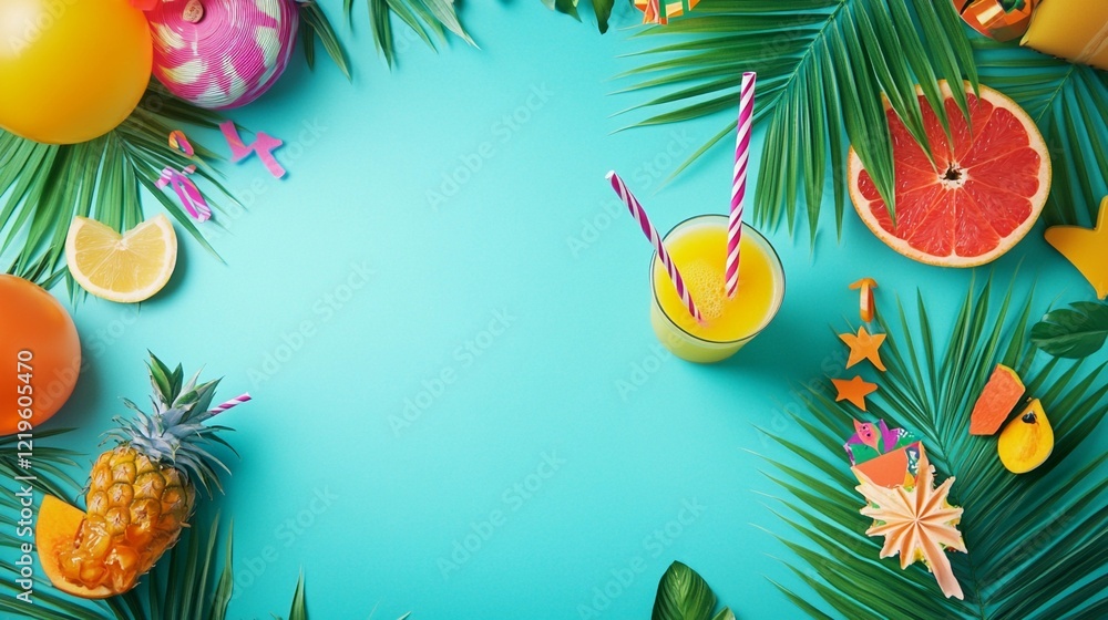 tropical birthday flat lay with palm leaves, a fruity drink, and vibrant party decorations on a turquoise background with empty space for text