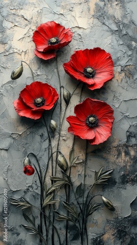 Beautiful red poppies with textured grey background showcasing floral artistry