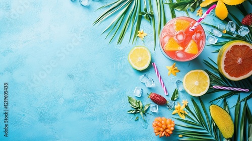 Obraz na płótnie tropical birthday flat lay with palm leaves, a fruity drink, and vibrant party decorations on a turquoise background with empty space for text w salonie