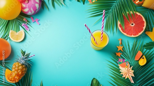 Obraz na płótnie tropical birthday flat lay with palm leaves, a fruity drink, and vibrant party decorations on a turquoise background with empty space for text w salonie