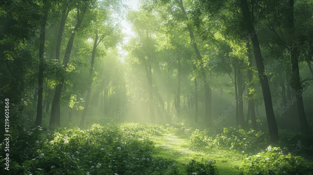 Fototapeta premium Sunlit Path Through A Misty Green Forest