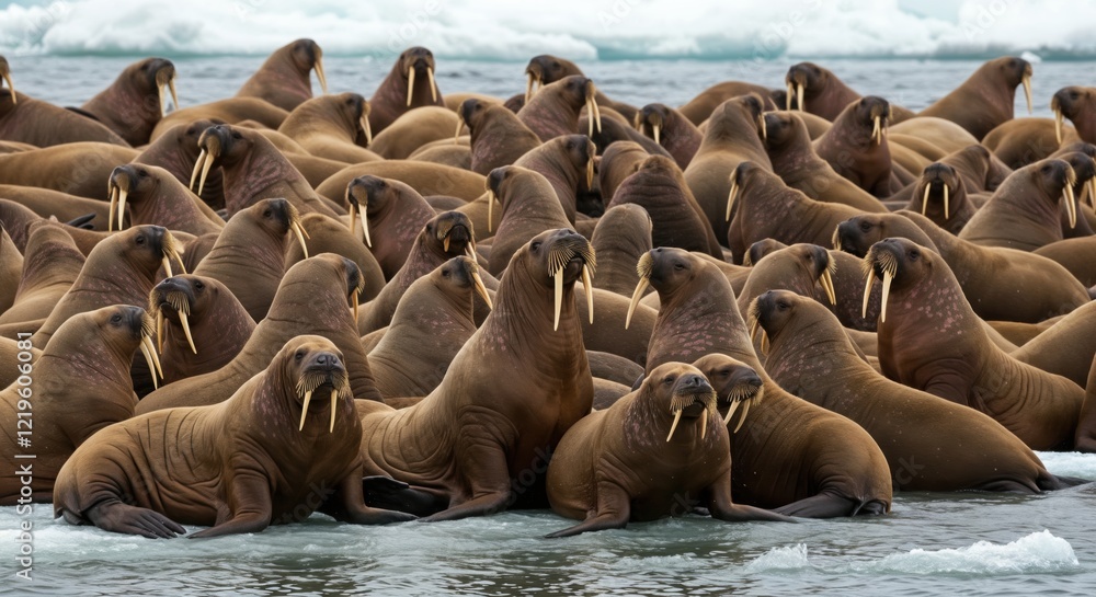 Obraz premium Majestic walrus herd gathered on arctic shores with icy backdrop