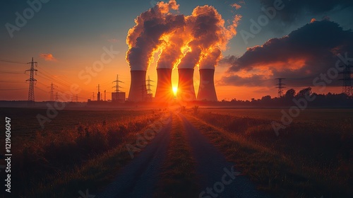 A landscape featuring large cooling towers of a nuclear power plant, photo