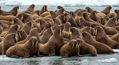 Majestic walrus herd gathered on arctic shores with icy backdrop