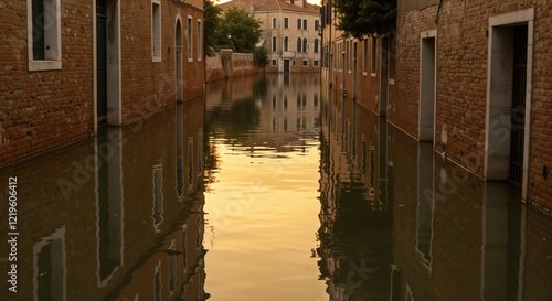 Venetian canal flooding at sunset reflecting golden light on historic architecture photo