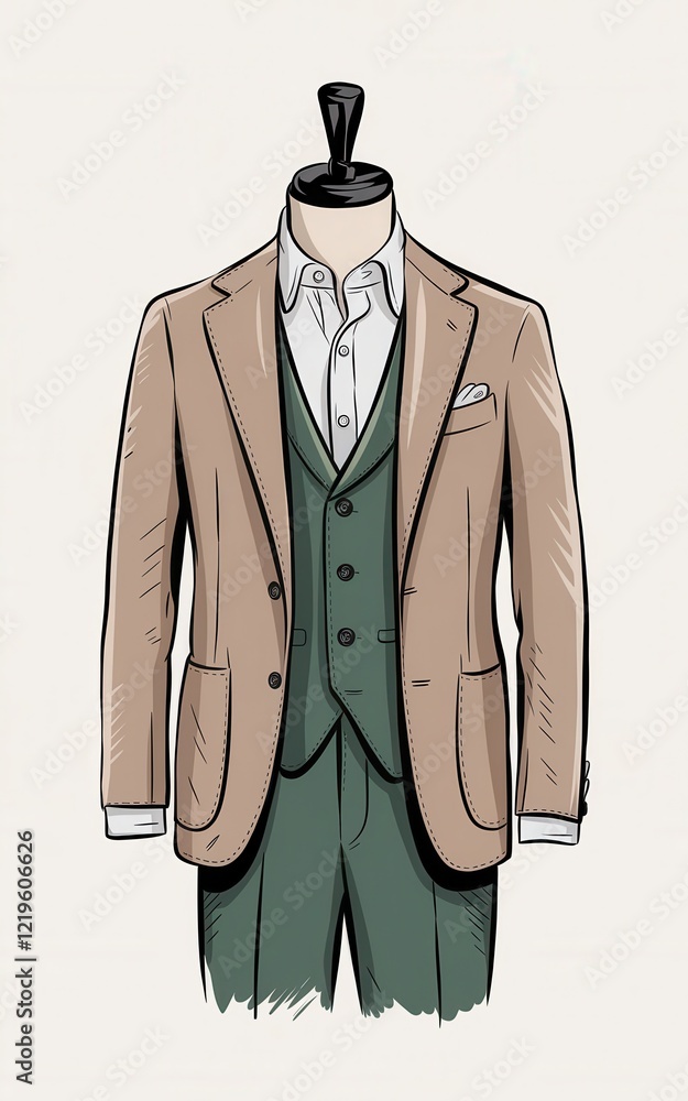Elegant Men's Three-Piece Suit: Beige Blazer, Green Trousers, and White Shirt Elegant Men's Three-Piece Suit: Beige Blazer, Green Trousers, and White Shirt