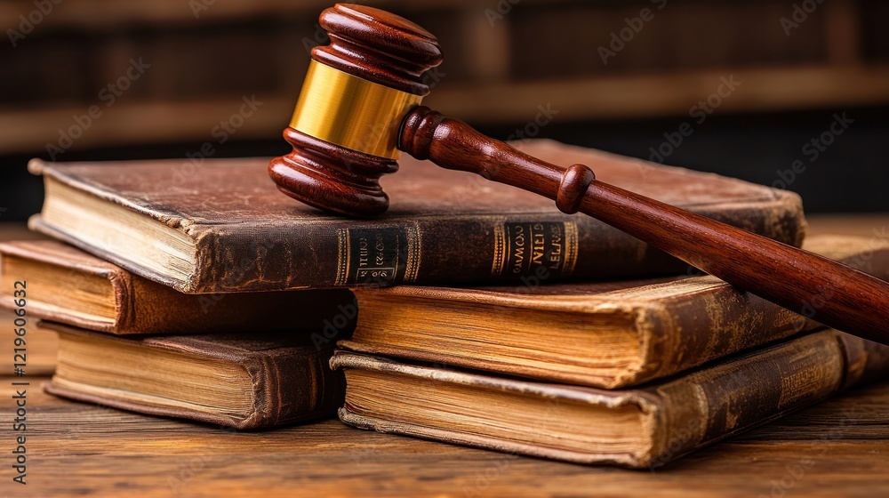 Gavel rests on old books. Gavel rests on old books.
