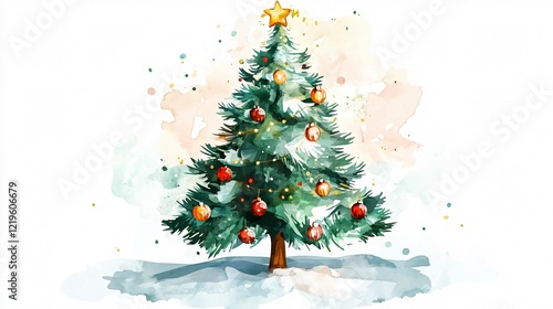 Festive Watercolor Christmas Tree, Wide Angle Centered Composition