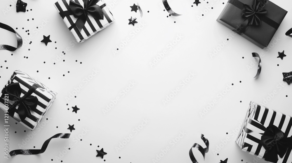 modern monochrome birthday flat lay with black and white decorations, striped ribbons, and confetti on a clean white background with text space
