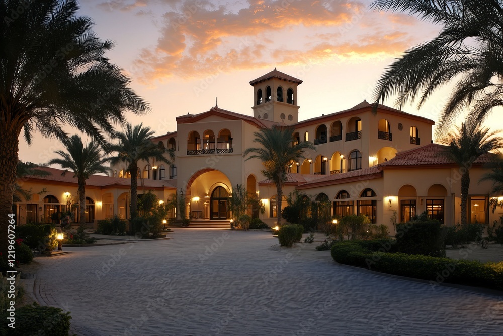 Obraz premium Luxury Desert Resort Evening Sunset Palm Trees Elegant Architecture Building Exterior Arabian Style Villa Hotel Mediterranean Style Grand Entrance Beautiful 