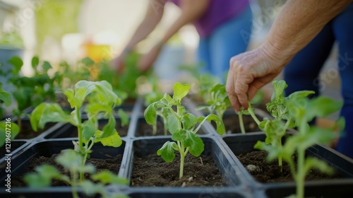Seniors planting seedlings in community garden