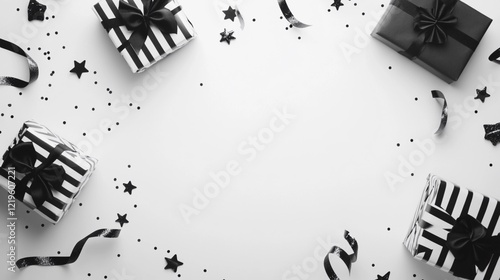 modern monochrome birthday flat lay with black and white decorations, striped ribbons, and confetti on a clean white background with text space