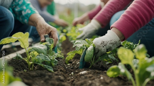 Seniors gardening together, community garden, spring planting, teamwork. Use  healthy aging, community