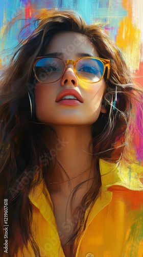 Young woman wearing glasses posing confidently with colorful abstract background in bright sunny attire