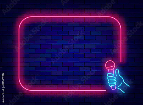 Stand up comedy neon advertising. Empty pink frame and hand with microphone. Vector stock illustration