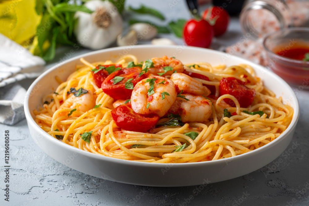 Delicious shrimp spaghetti with tomato sauce and parsley, Italian cuisine Delicious shrimp spaghetti with tomato sauce and parsley, Italian cuisine