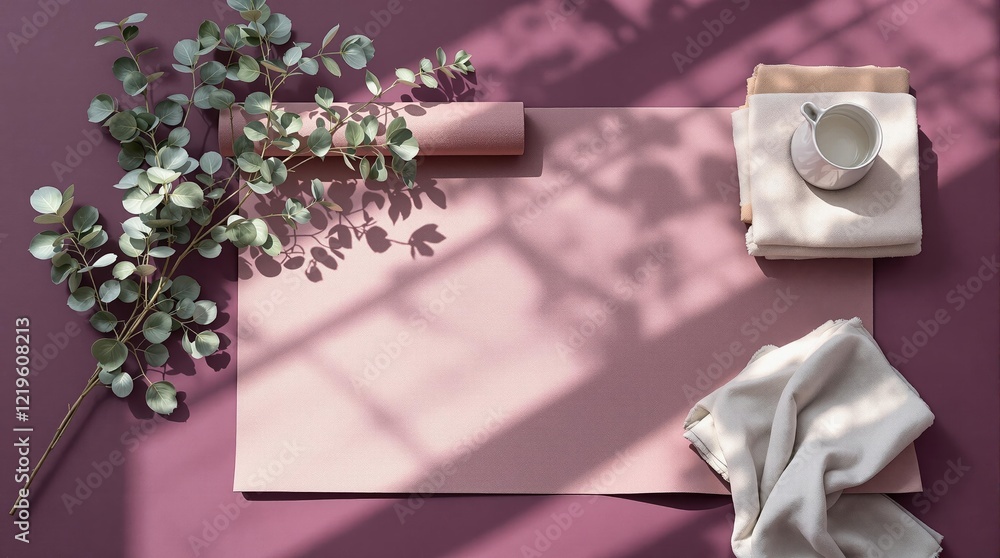 Minimalist flat lay with eucalyptus and ceramic on pink background for home decor inspiration Minimalist flat lay with eucalyptus and ceramic on pink background for home decor inspiration