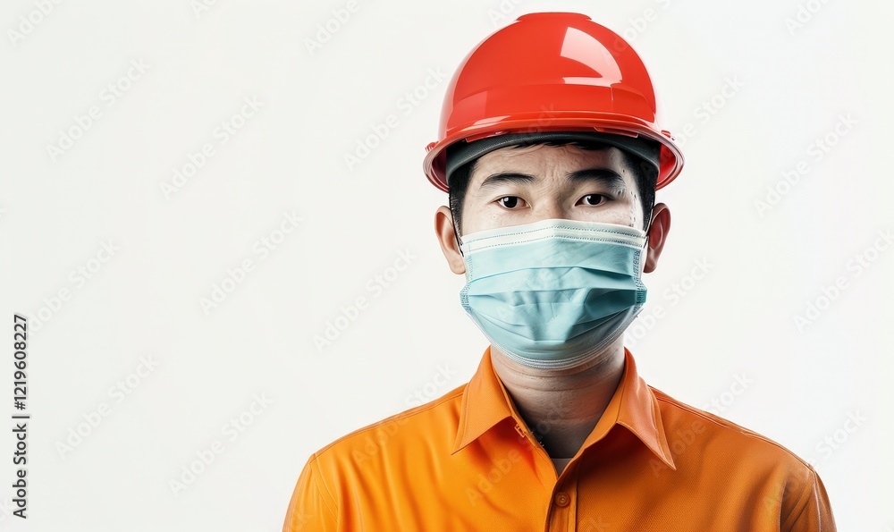Portrait of a Construction Worker in Orange Shirt and Red Helmet Wearing a Mask Portrait of a Construction Worker in Orange Shirt and Red Helmet Wearing a Mask