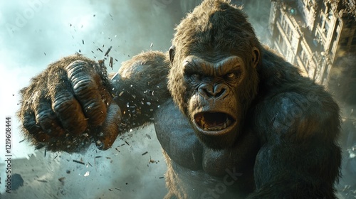 Angry gorilla smashing debris, furious roar. photo