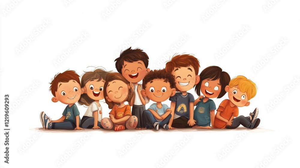 Happy Kindergarten Kids Sitting with Arms Around, Friendship Group Happy Kindergarten Kids Sitting with Arms Around, Friendship Group