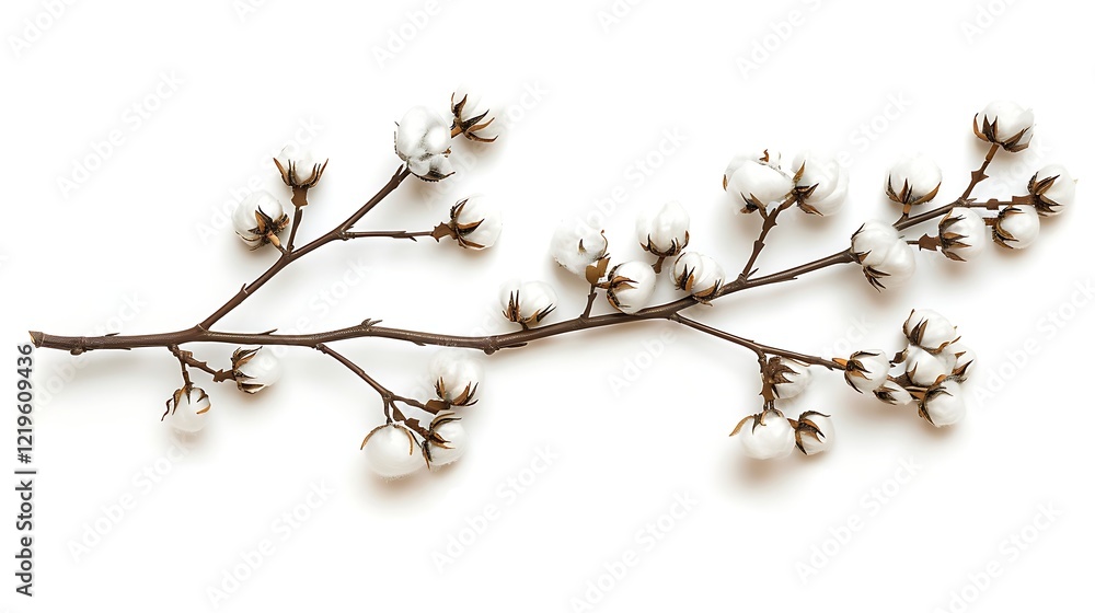 Cotton branch isolated on white background. Flat lay, top view.