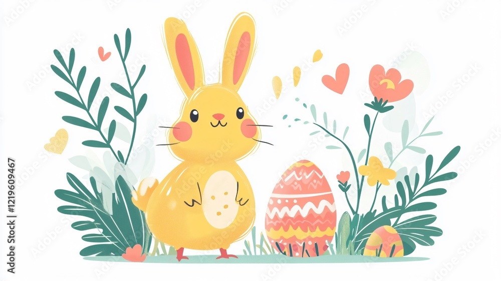 Obraz premium Happy Easter Cute Rabbit Chicken Rainbow Foliage Leaves