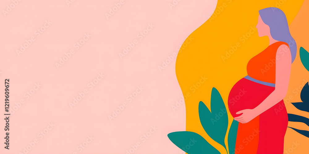 A pregnant woman is depicted in a stylized illustration, standing against a vibrant background of warm colors and abstract foliage. She gently cradles her belly, radiating joy and anticipation. A pregnant woman is depicted in a stylized illustration, standing against a vibrant background of warm colors and abstract foliage. She gently cradles her belly, radiating joy and anticipation.