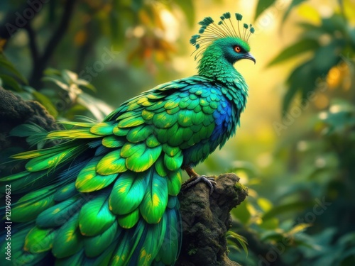 Vibrant Green Peacock in Lush Jungle Setting"