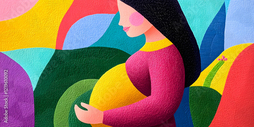 A pregnant woman is depicted in a vibrant, colorful abstract art style. The image is rich in texture and bold colors, symbolizing the joy and wonder of motherhood.