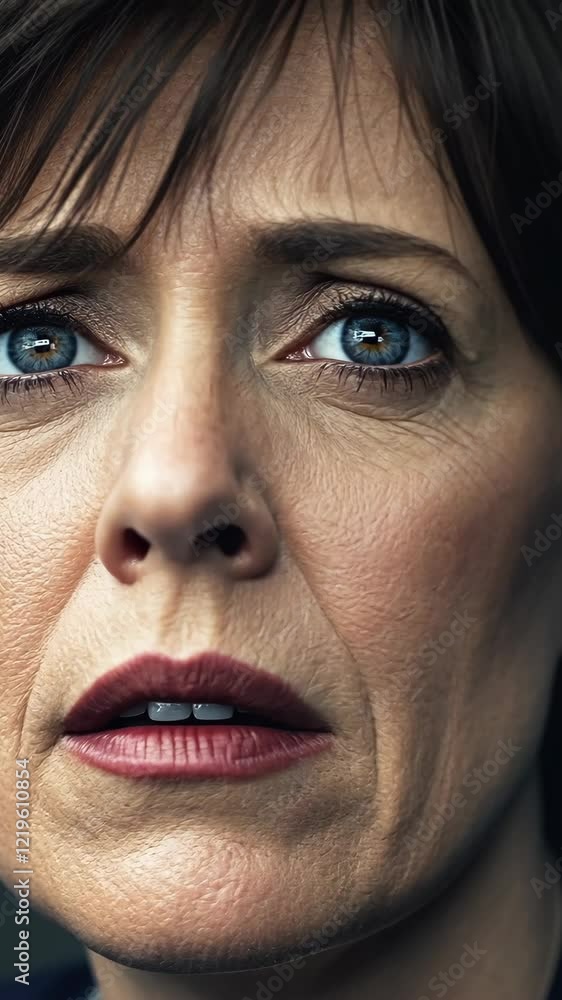 Close-up of a woman displaying intense emotions while expressing concern or fear in a dimly lit setting Close-up of a woman displaying intense emotions while expressing concern or fear in a dimly lit setting