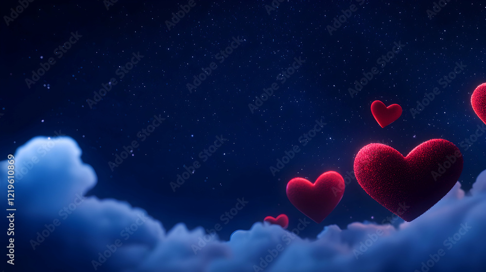 A dreamy scene featuring floating red hearts amidst soft clouds under a starry night sky, symbolizing love and romance. Perfect for Valentine's Day or expressive themes. A dreamy scene featuring floating red hearts amidst soft clouds under a starry night sky, symbolizing love and romance. Perfect for Valentine's Day or expressive themes.