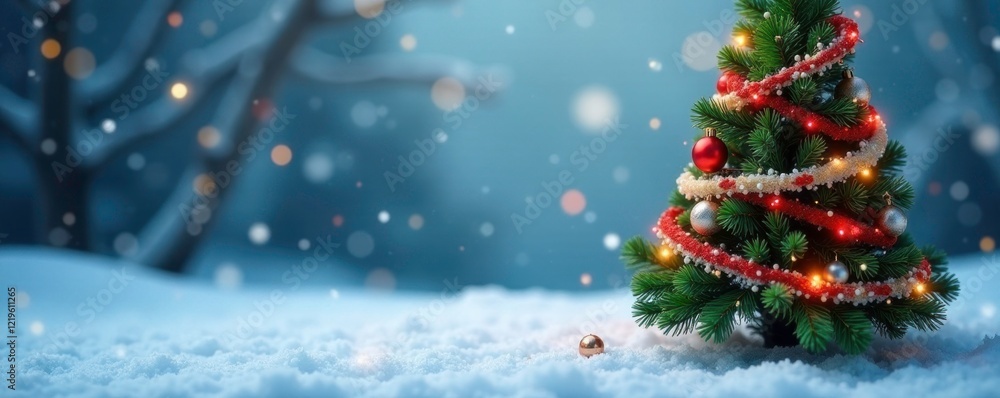 Colorful garlands wrapped around a slender Christmas tree on a snowy backdrop, garlands, snowflakes Colorful garlands wrapped around a slender Christmas tree on a snowy backdrop, garlands, snowflakes