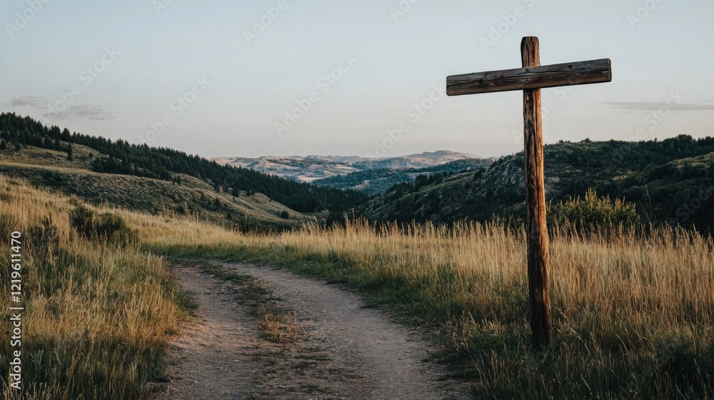 Rustic wooden cross on a dirt path overlooking rolling hills at sunset. Rustic wooden cross on a dirt path overlooking rolling hills at sunset.