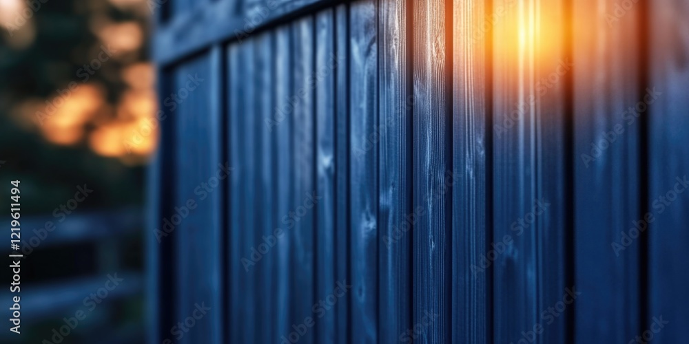 Close-up of blue wooden fence with warm sunset glow Close-up of blue wooden fence with warm sunset glow