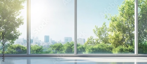Wallpaper Mural Photo of a window with clear glass and trees outside, overlooking the city skyline on a sunny day. Web banner with copy space on the right for text. Torontodigital.ca