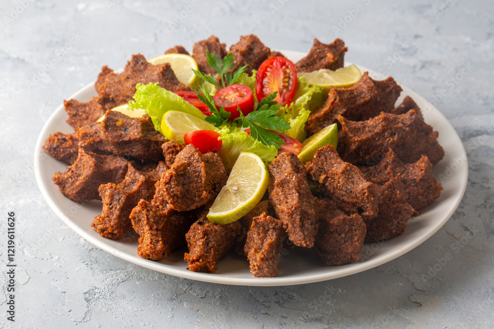 Traditional delicious Turkish food; Turkish name; Cig kofte (raw meatball in Turkish) with lettuce