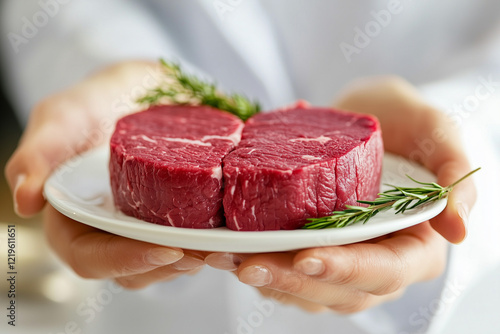 Scientist in a lab coat holding a plate of raw steak. Concept of lab grown meat. photo