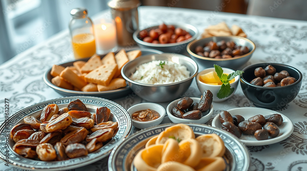 Traditional Iftar table setting with dates, rice, and various dishes. Traditional Iftar table setting with dates, rice, and various dishes.