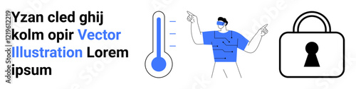 Person wearing a VR headset, using hand gestures, near a thermometer and a lock. Ideal for technology, VR, security, user interactions, temperature control, data protection futuristic design