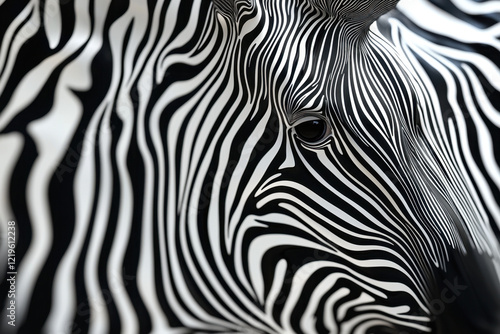 Close-up view of a zebra's intricate black and white stripes with fine details photo