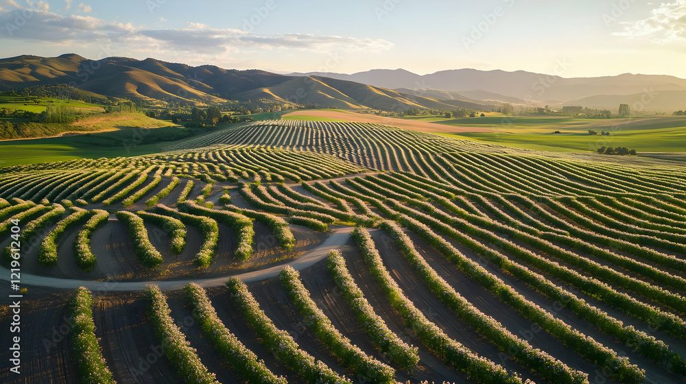 Obraz premium Serene Aerial View of Cultivated Farmland at Sunset