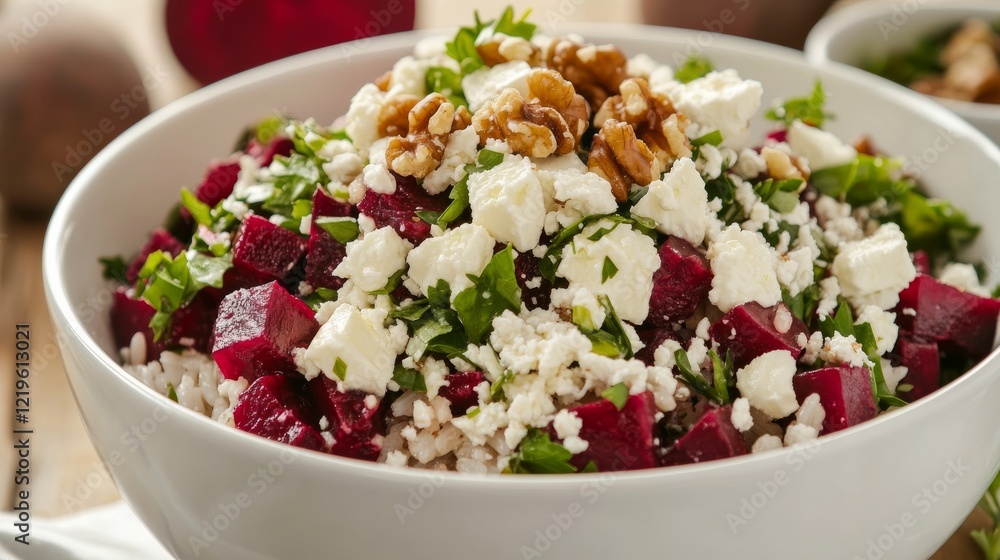 Image of rice and roasted beet salad with feta cheese and walnuts in a white bowl, emphasizing vibrant and tangy flavors. Ideal for healthy lunches and light meals. Image of rice and roasted beet salad with feta cheese and walnuts in a white bowl, emphasizing vibrant and tangy flavors. Ideal for healthy lunches and light meals.