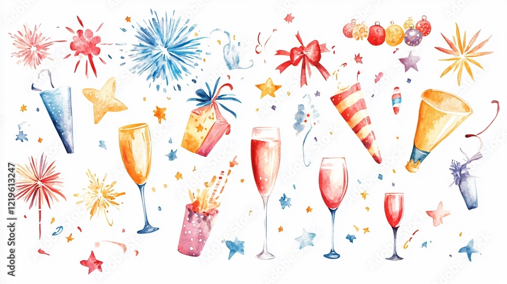 Watercolor New Year Celebration Cut Out Element Set Watercolor New Year Celebration Cut Out Element Set
